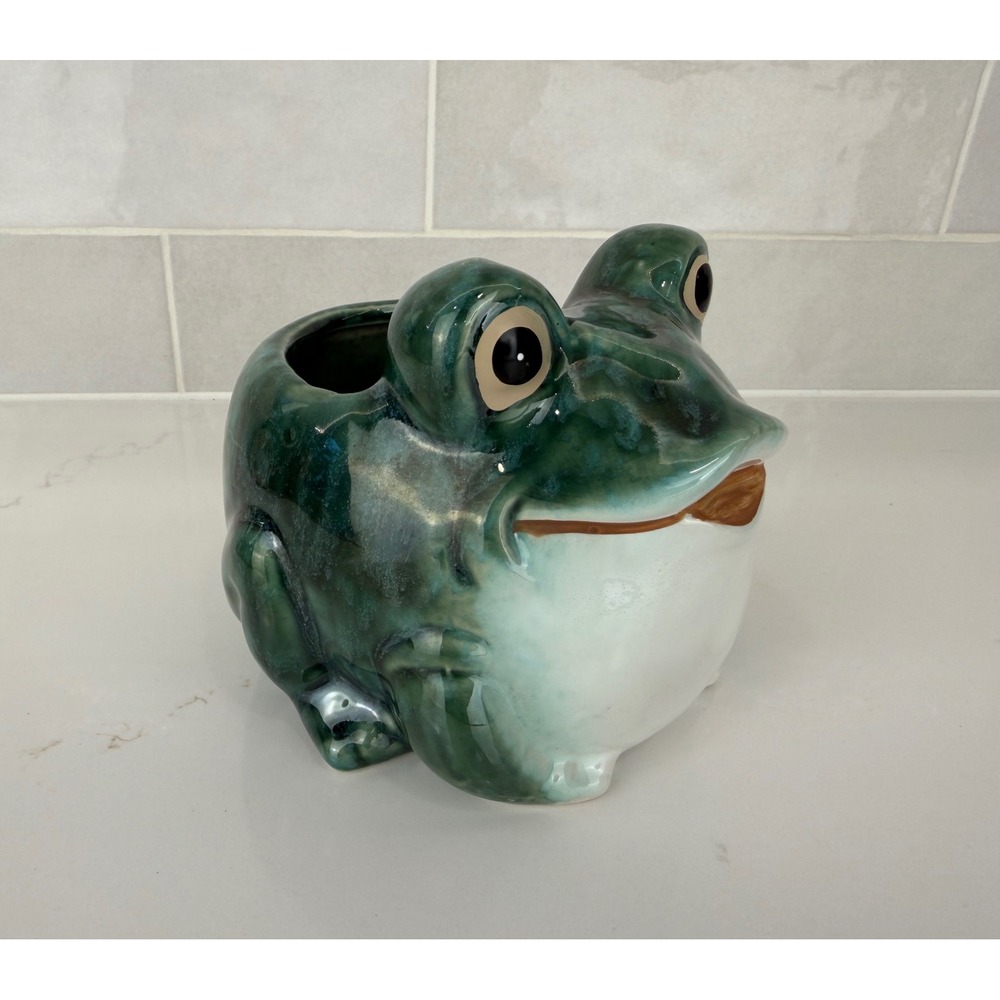 Frog Planter Ceramic Drip Glaze Green Whimsical Figural Sponge Holder